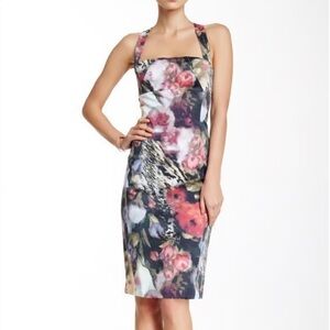BLACK HALO moody watercolor floral square neck midi pencil sheath dress size 4